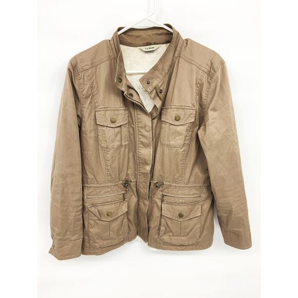 LL Bean Beige Draw String Waist Faux Fur lined 4 Pocket Jacket Size M - Picture 1 of 7